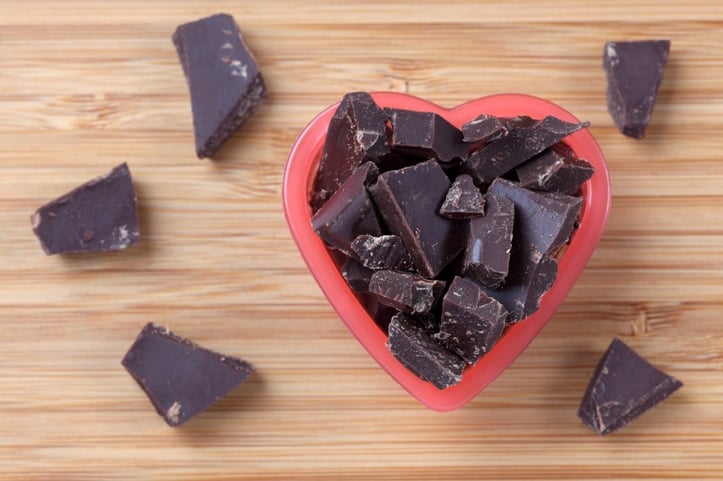 dark chocolate pieces placed in a heard-shaped bowl