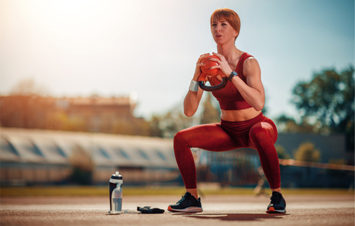 A woman doing a goblet squat in a park