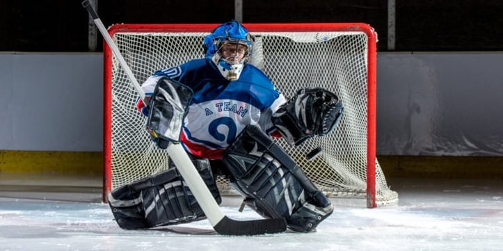 Hockey goalie blocking goal net