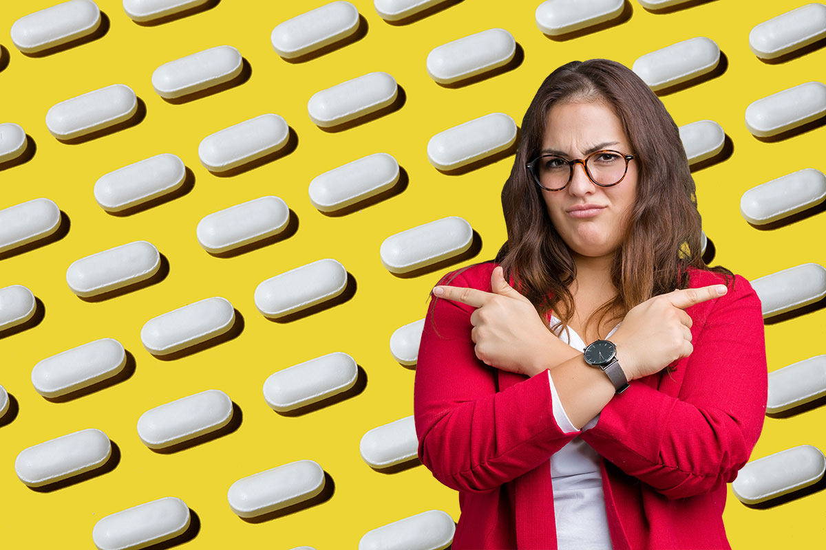 Woman pointing in different directions with pills in the background