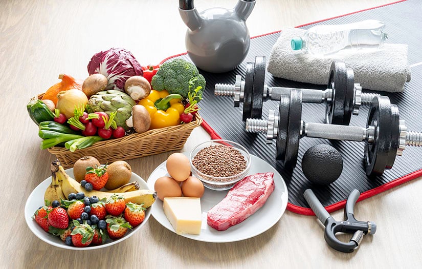 weights and healthy food on display